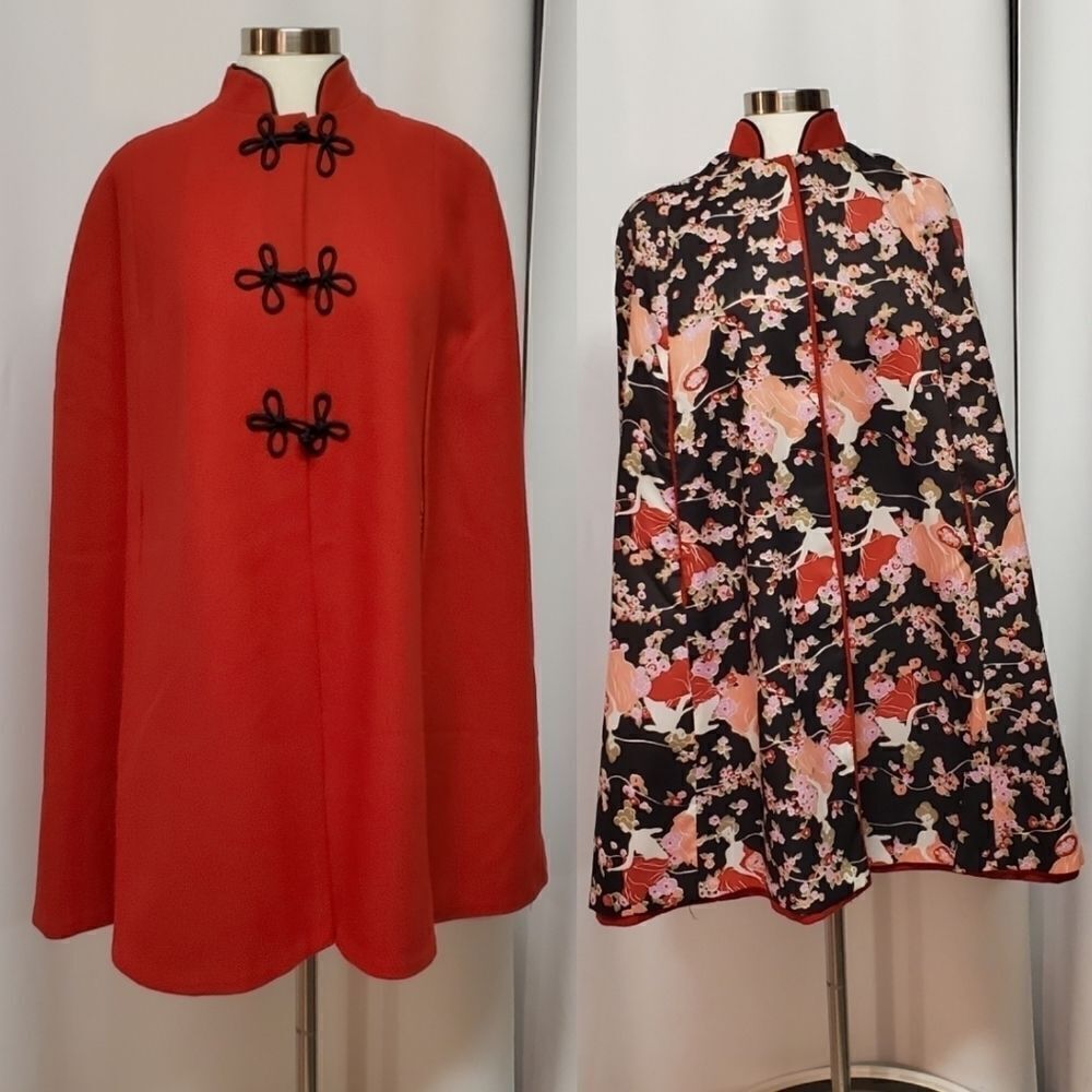 Vintage Handmade Hanfu Cape Cloak Reversible Red Oriental‎ Floral Lady Pattern
